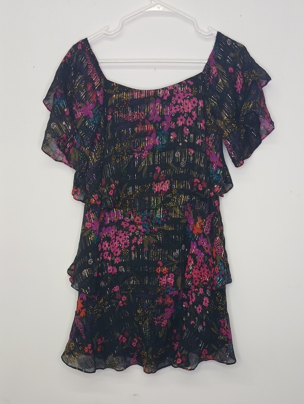Trina Turk Ruffled Floral Metallic Tiered Silk Dress XS